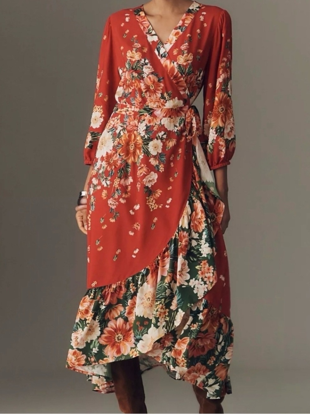 FARM Rio Rust Floral Wrap Maxi Dress with Green & Cream Accents